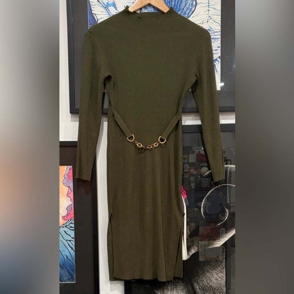 Almost Famous NWOT Olive Green Ribbed Dress with Chain Detail